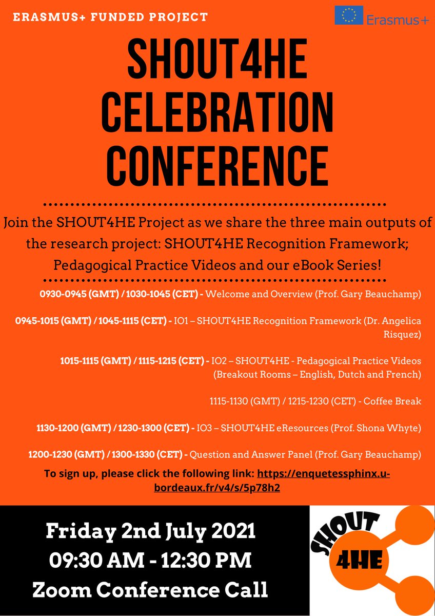 SHOUT4HE's tweet photo. The #SHOUT4HE Celebration Conference is taking place on Friday 2nd July @ 9:30am (UK Time)! @erasmusplusUK @CardiffMetCSE @univbordeaux @HogeschoolPXL @UL @Univ_CotedAzur 

To attend the event, please use the following link: https://t.co/HauovamXFw https://t.co/zDjE3p6wS8