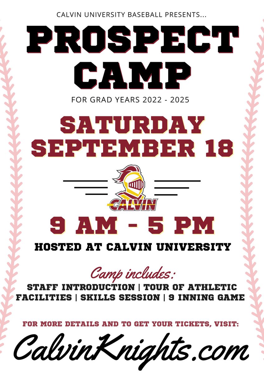 Prospect Camp:

Date: Sept 18th

Time: 9:30AM 

Location: Calvin U 

Includes: Tour of athletic facility/Skills competition/ Introduction to staff/ Participation in a 9 inning game/ 

Link is in our bio!
