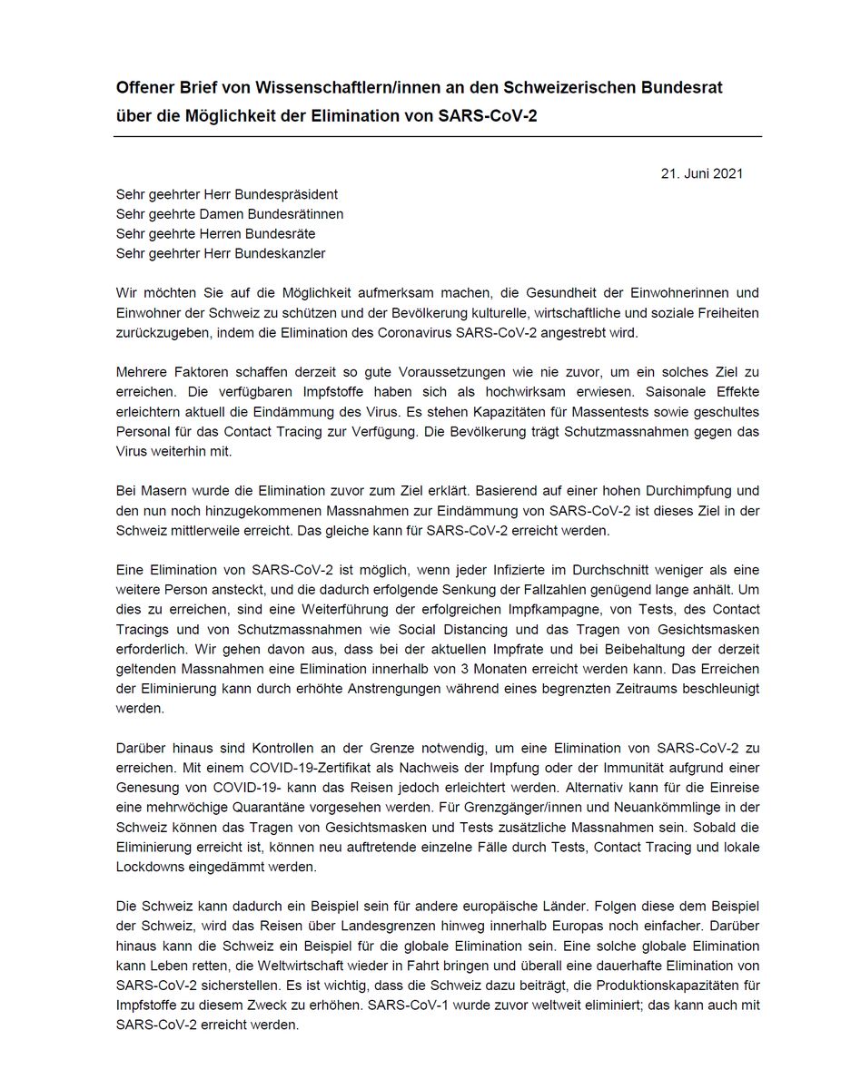 Roman_Bolliger's tweet photo. Eliminieren statt durchseuchen: Wissenschaftler/innen machen in einem offenen Brief an den Schweizerischen Bundesrat auf die Möglichkeit aufmerksam, das SARS-CoV-2 #Coronavirus zu eliminieren. Die Chancen dafür sind so gut wie noch nie. #COVID19 #CoronaInfoch https://t.co/YEGHFRB4Q9