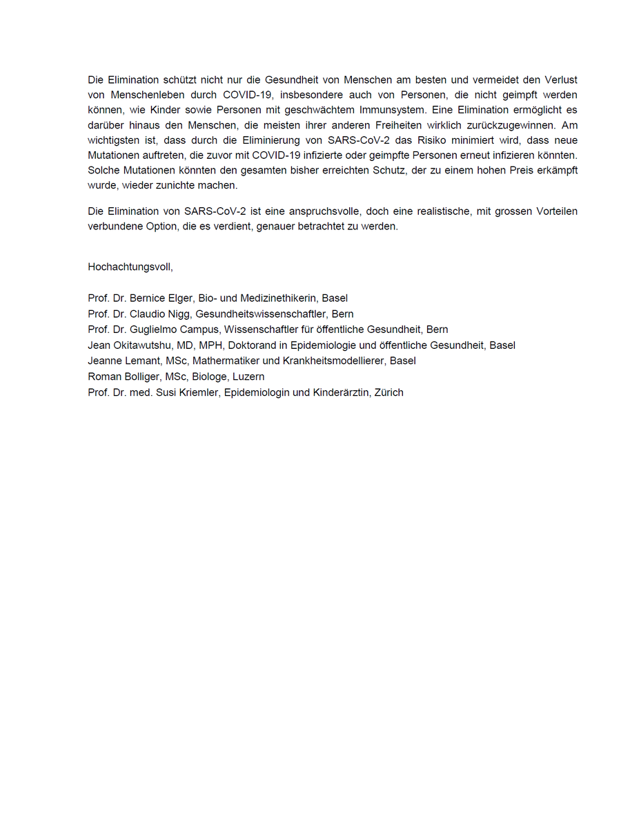 Roman_Bolliger's tweet photo. Eliminieren statt durchseuchen: Wissenschaftler/innen machen in einem offenen Brief an den Schweizerischen Bundesrat auf die Möglichkeit aufmerksam, das SARS-CoV-2 #Coronavirus zu eliminieren. Die Chancen dafür sind so gut wie noch nie. #COVID19 #CoronaInfoch https://t.co/YEGHFRB4Q9