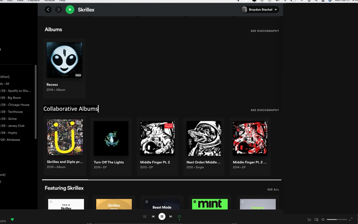 Excuse the 30-sec photoshop job on <a href="/Skrillex/">Skrillex</a>'s <a href="/Spotify/">Spotify</a> profile.

I'm begging someone at Spotify to reorganize artist profiles like this. Artists have routinely been leveraging their main pages for traction on their collab albums and (IMO) it's messing with the flow of profiles.