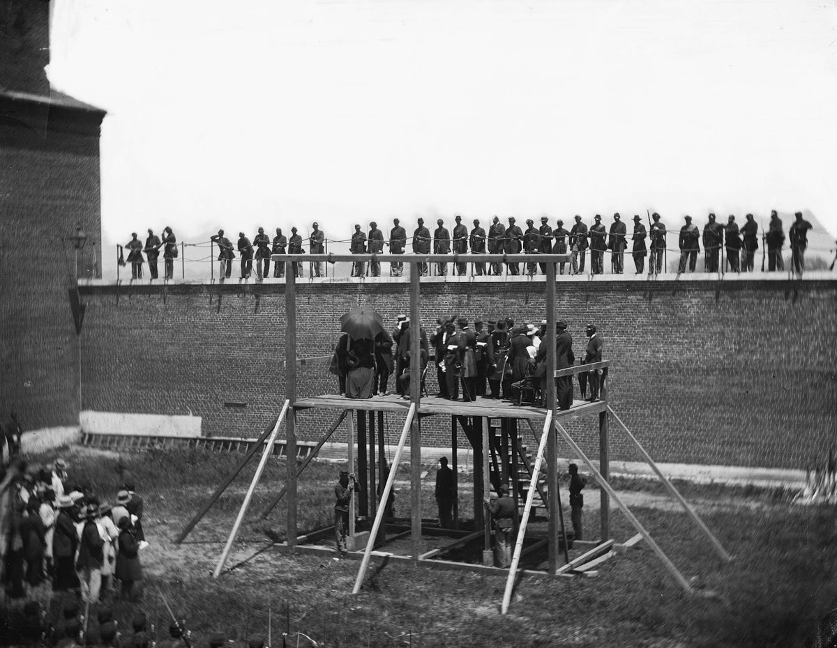 AppomattoxNPS's tweet photo. #OTD in 1865, four of the convicted Lincoln assassination conspirators, Lewis Powell, George Atzerodt, David Herold, and Mary Surratt, are hanged in front of a large crowd at the Old Washington Penitentiary, today's Fort Lesley J. McNair. #CivilWar #Reconstruction #Reunion https://t.co/EzsZKv1Zi2