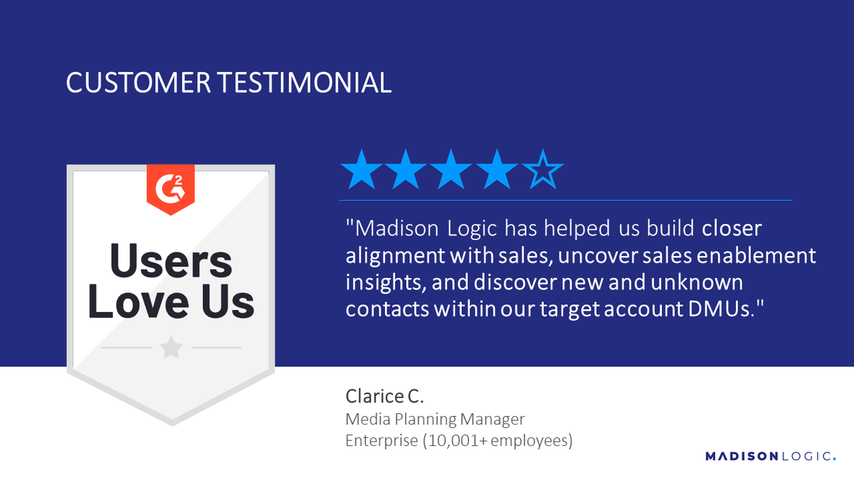 “Madison Logic has helped us build closer alignment with sales, uncover sales enablement insights, and discover new and unknown contacts within our target account DMUs,” says Clarice C. Media Planning Manager. 

Learn more: bit.ly/34ktTSB

#g2 #customersfirst