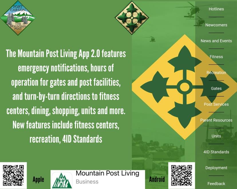 USArmy_FtCarson's tweet photo. Mountain Post Living App 2.0 has arrived.
Updates include Fitness, Recreation, 4ID Standards, ACS agencies, ID Cards, Post Shuttle routes and Troop Schools.
Download the App today:
- Apple: https://t.co/rTGjLgW1NB
- Android: https://t.co/hSMhB7Mhvw https://t.co/l0sTNeuy8l