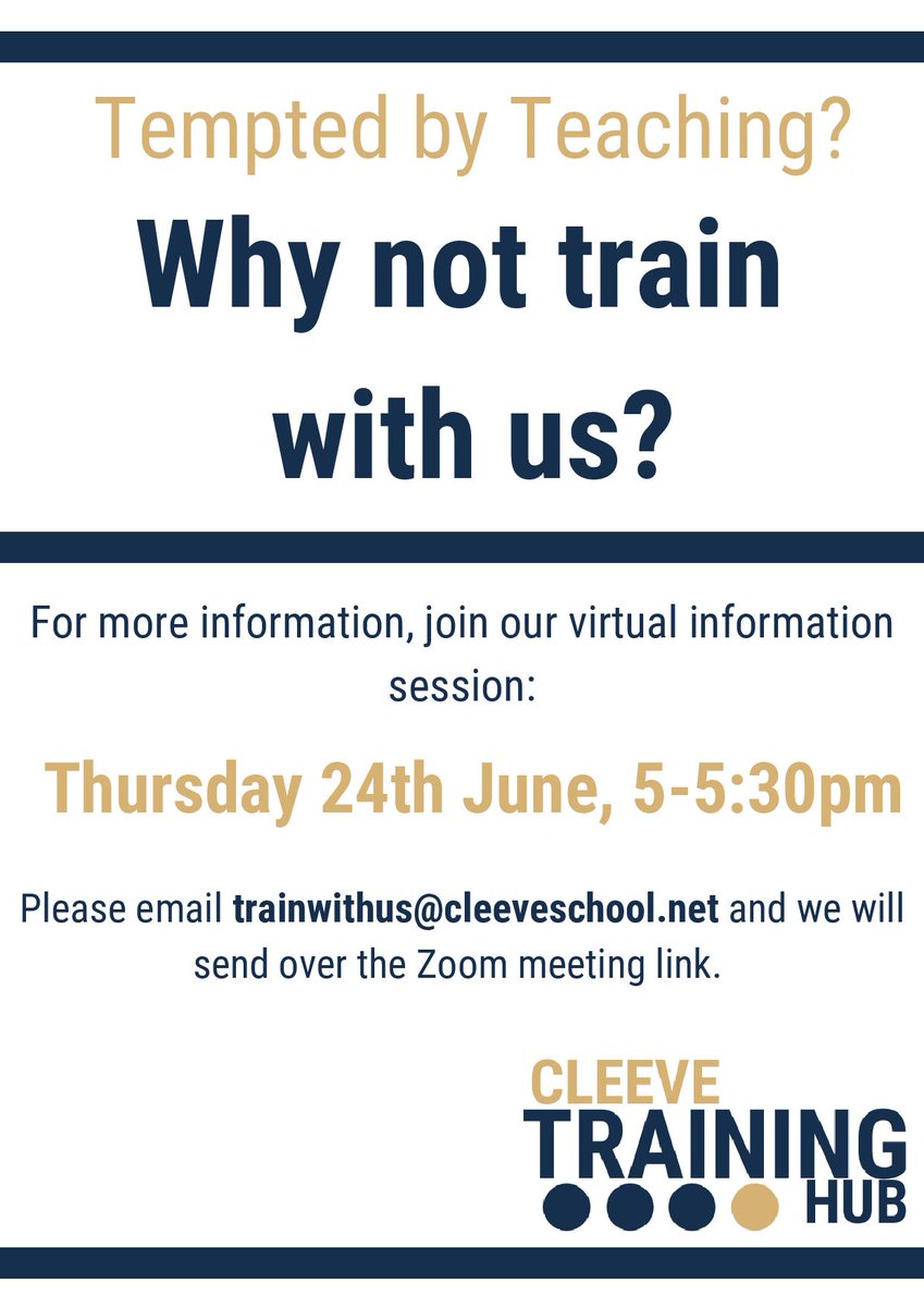 Thought about teaching but never taken the plunge?

Sign up to our virtual info session,  Thursday 24th June, 5-5:30pm to find out more about Cleeve Training hub &amp; all that we are able to offer! 

#Gloucestershire #Worcestershire #teaching #TrainToTeach #education