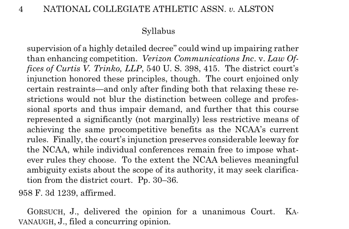 McCannSportsLaw's tweet photo. In unanimous ruling, the United States Supreme Court rules against the NCAA in the Alston case. This is not the end of amateurism, but it chips away at core aspects of it and sets precedent that the NCAA is not special and is subject to normal applications federal antitrust law. https://t.co/47wbzrJDgQ