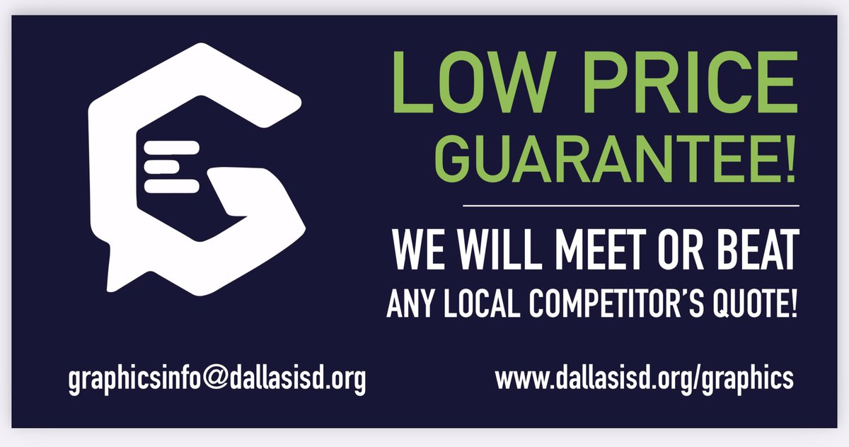 DISD_Graphics's tweet image. Low Price Guarantee, 
Print with Dallas ISD! 

972.925.3178
Graphicsinfo@dallasisd.org