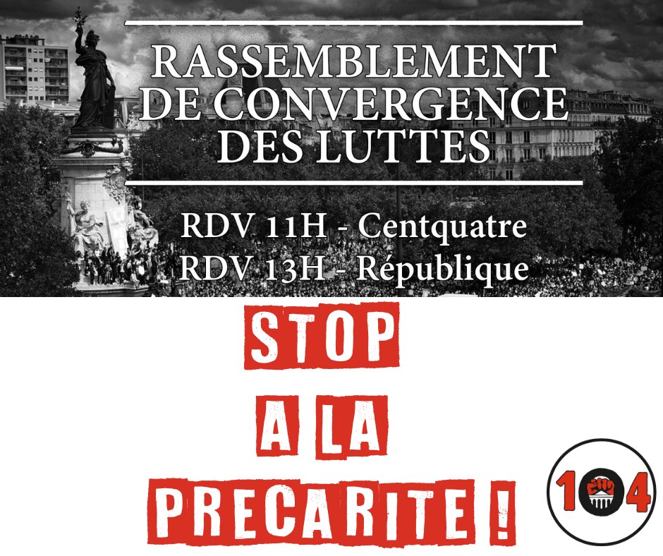 OccupationOdeon's tweet photo. Demain, grand rassemblement de convergence des luttes place de la République à Paris à 13H.

Nous vous donnons rendez vous à 11H au 104 pour partir ensemble en cortège. 

#OccupationOdeon https://t.co/XwXhuuDF7q