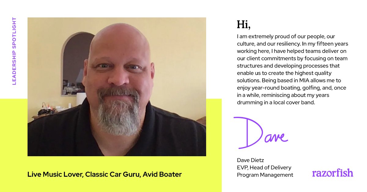 rokkan's tweet photo. Up next in our Leadership Spotlight series is Dave Dietz, EVP, Head of Delivery for Razorfish. We’ve been so lucky to work with Dave for the past 15 years. His kindness and commitment to the team is truly admirable. Thanks for all that you do, DD. https://t.co/tRAkzgfOek
