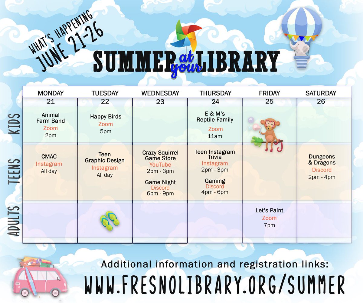 FCPL's tweet photo. Looking for something *cool* to do? Check out our fun, free online summer activities for all ages at https://t.co/flZfxaNByC
#fresnolibrary #summerfun #SummerReadingChallenge https://t.co/9cuojm1cVL