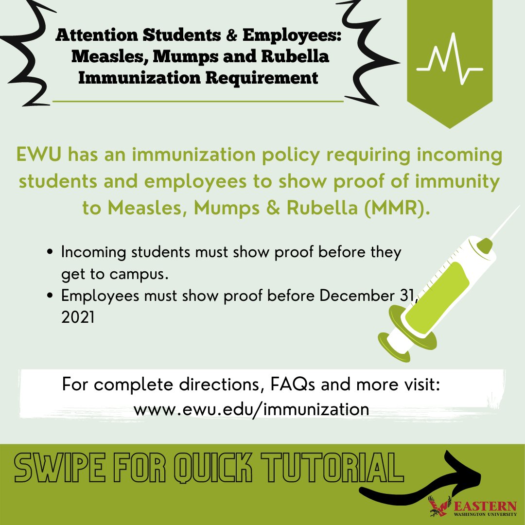 EWUWellness's tweet photo. Submitting your required Measles, Mumps and Rubella immunization record--or even your COVID-19 vaccine record is so easy! Follow this quick tutorial or visit our immunization webpage for FAQs, more detailed directions and additional information. #bewellewu #ewu #goeags https://t.co/FNNaDlf8Y8