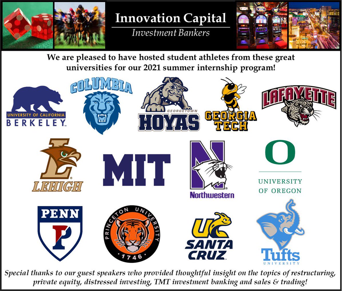 My ibanking firm hosted football players/other student athletes from these great schools. #payitforward 
<a href="/CULionsFB/">Columbia Football</a> <a href="/HoyasFB/">Georgetown Football</a> <a href="/LafColFootball/">Lafayette Football</a> <a href="/GeorgiaTechFB/">Georgia Tech Football</a> <a href="/LehighFootball/">Lehigh Football</a> <a href="/MITFootball/">MIT Football</a> <a href="/NUFBFamily/">Northwestern Football</a> <a href="/oregonfootball/">Oregon Football</a> @PENNfb <a href="/PrincetonFTBL/">Princeton Football</a> <a href="/ucsantacruz/">UC Santa Cruz</a> <a href="/TuftsFootball/">Tufts Football 🐘</a> <a href="/CalFootball/">Cal Football</a>