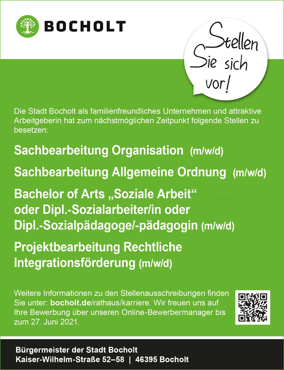 Werde Teil unseres Teams! Die Stadtverwaltung #Bocholt sucht aktuell in unterschiedlichen Bereichen Verstärkung. Mehr Informationen auf bocholt.de/rathaus/karrie… presse-service.de/data.aspx/stat…