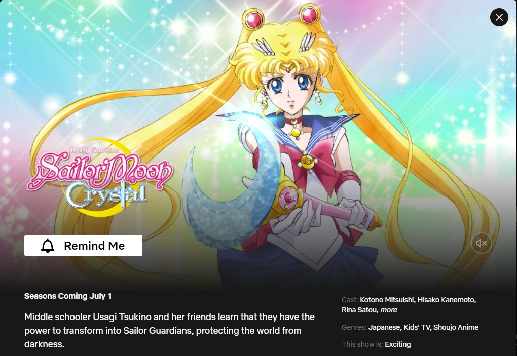 Letícia⭐Cosmos¹² on X: Rumor ou real? Sailor Moon Crystal começou a  aparecer no catálogo da Netflix Brasil! Ainda não há anúncio oficial ou  notícias sobre dublagem, mas o mesmo aconteceu alguns meses