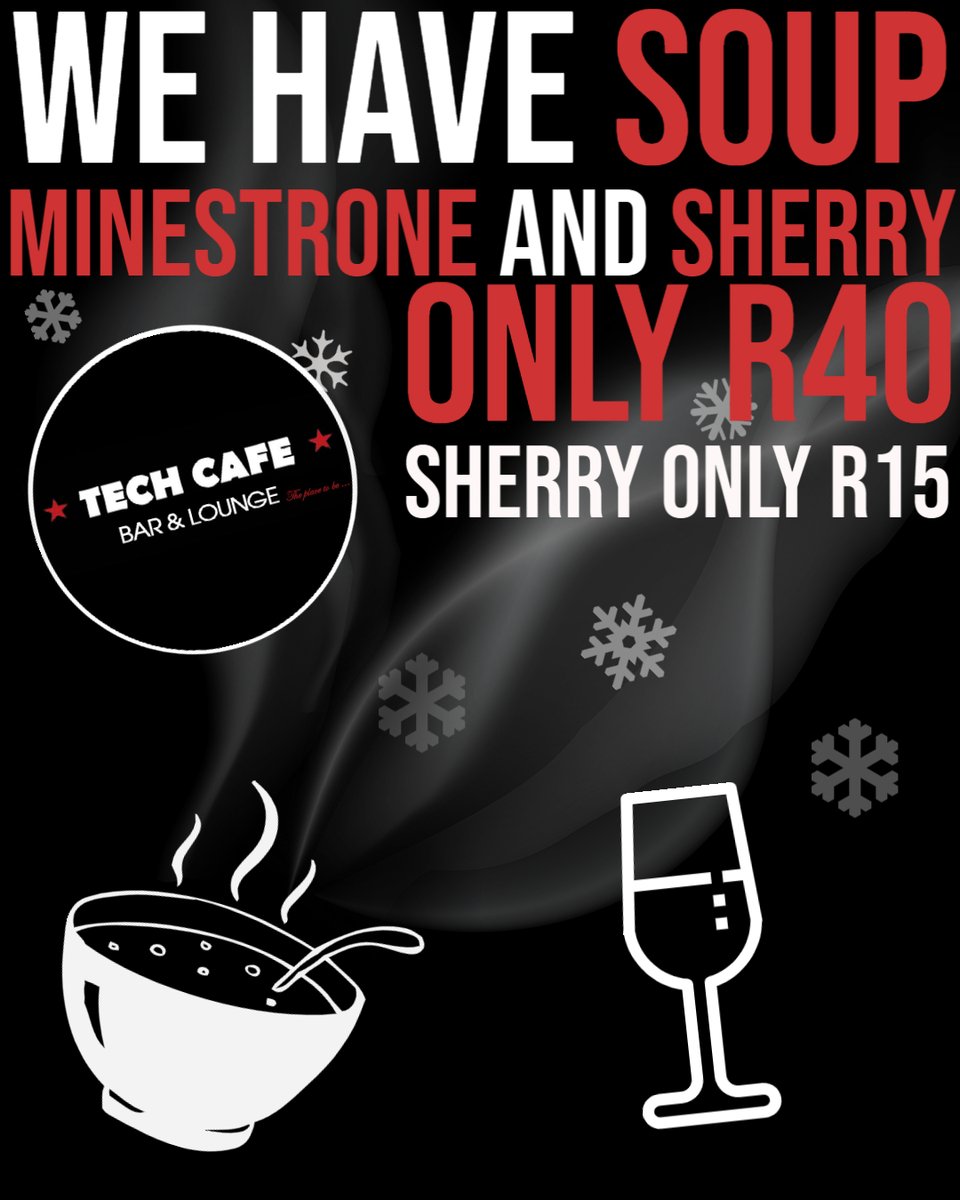 TechcafeB's tweet image. Everyday Soup Special 

Minestrone Soup and Sherry for only R40
Or get a glass of Sherry only for R15

#soup #timeforsoup #bloemfontein #minsetrone #local #supportlocal #bloemfonteinbusiness #bar #restaurant