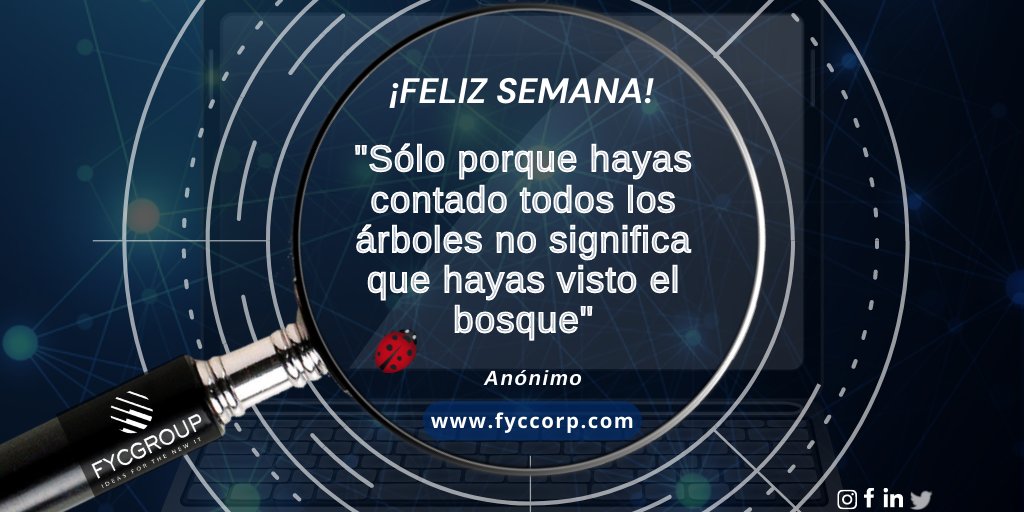 fycgroup's tweet photo. 🗣️La frase test para este inicio de semana...🔎 #FYCTestingQuotes
" Sólo porque hayas contado todos los árboles no significa que hayas visto el bosque” Anónimo
#FrasesdelDia #SoftwareTesting
#SoftwareTesters #TestingQuotes #BugHunters
#PruebasDeSoftware #CalidaddeSoftware https://t.co/jEN4sjxn7t