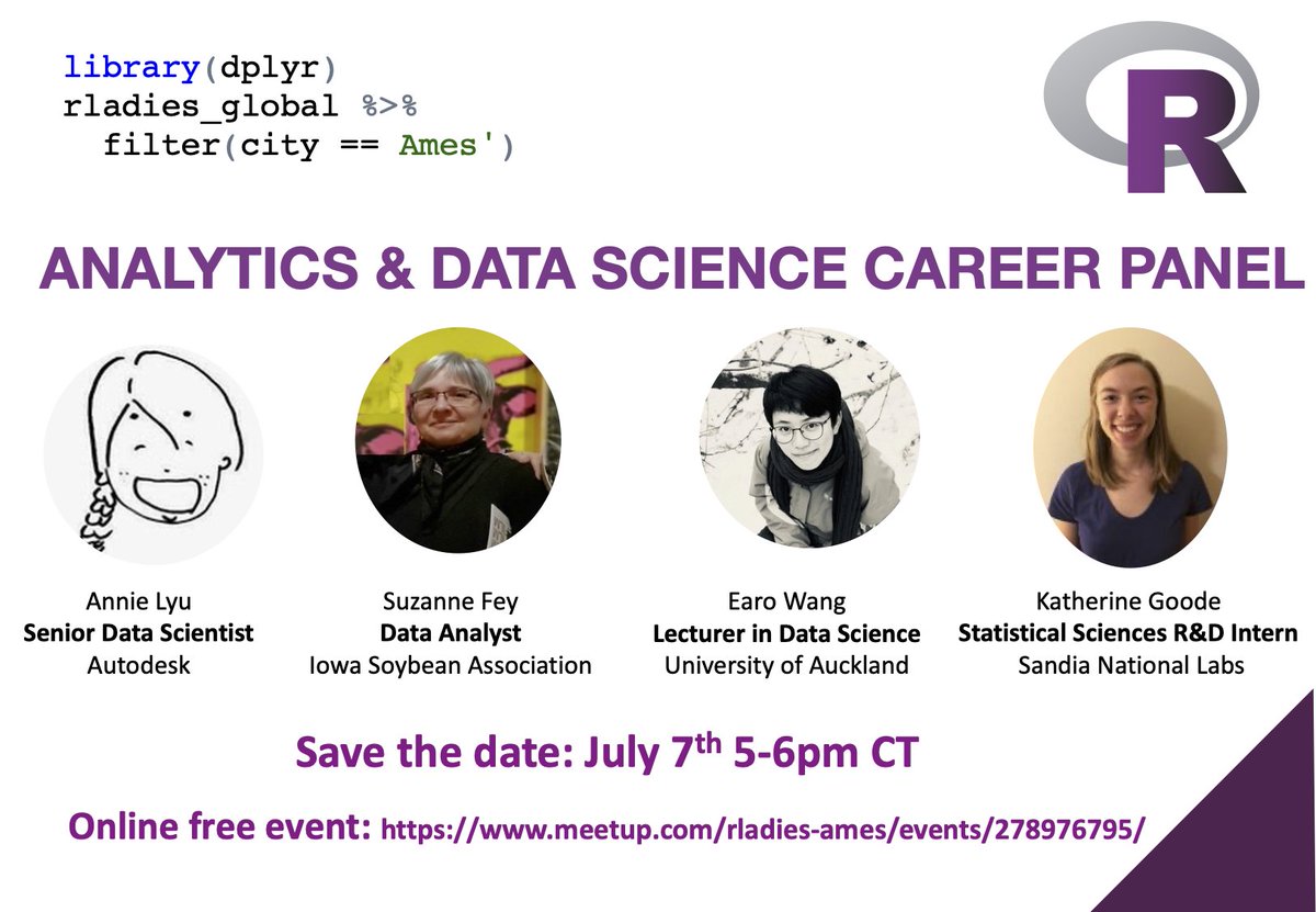 RLadiesAmes's tweet photo. Hi there! R Ladies Ames is hosting an online event " Analytics &amp; Data Science Career Panel" with talented women! 😃👩‍💻
July 7th at 5pm CT. Feel free to share!
Register on MeetUp https://t.co/BKkpUSDEKO
#r4ds #datascience #Rladies #careerpanel https://t.co/WlRess8AzU