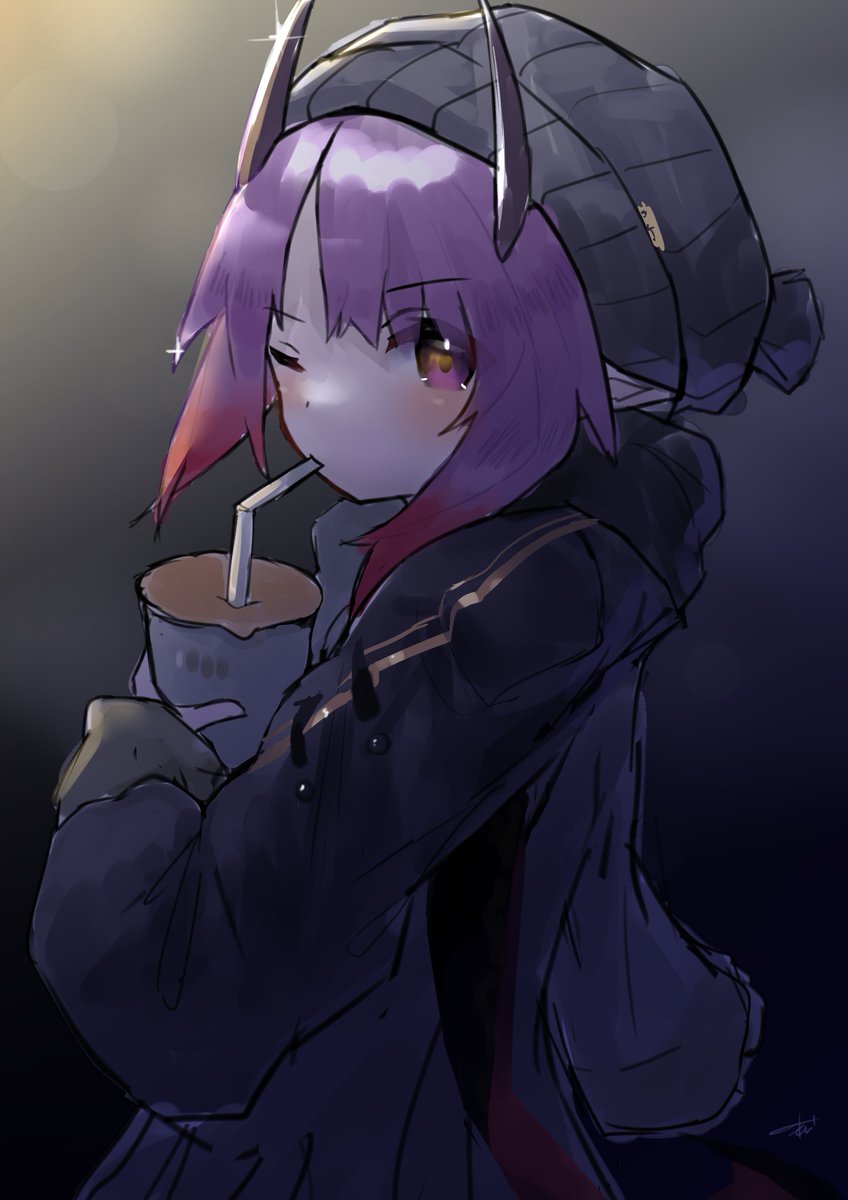 1girl solo horns purple hair one eye closed hat drinking straw  illustration images