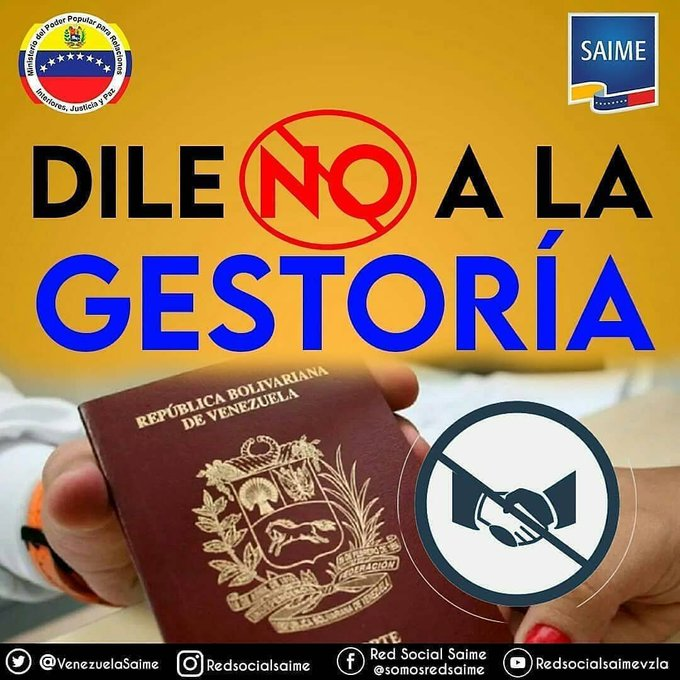 VenezuelaSaime's tweet photo. #Atención > Los cobros por emisión de pasaportes y prórrogas, por parte de funcionarios son totalmente ilícitos. No hay espacios para la corrupción en el #Saime

 ¡Contra el flagelo de la corrupción se levanta la denuncia popular! 

Dile NO a los gestores. https://t.co/WbjsKqQT07