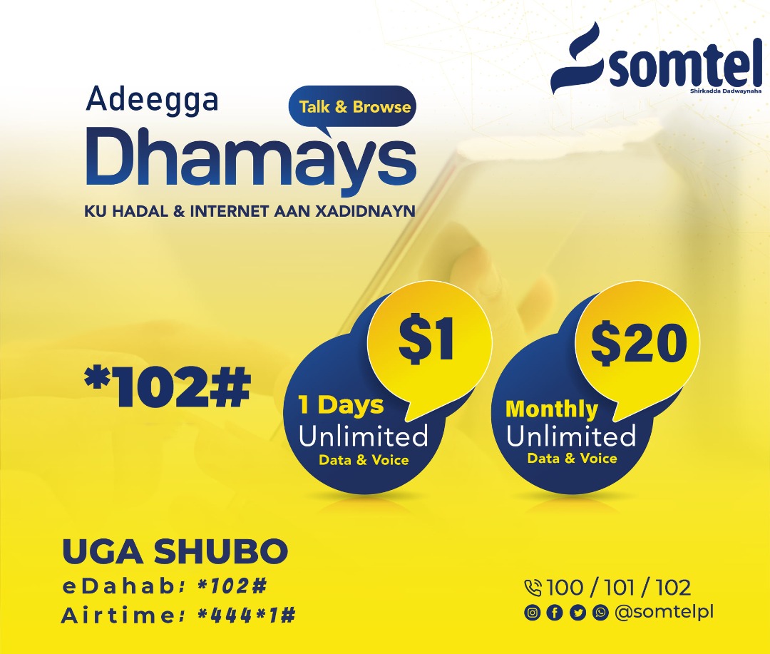 somtelpl's tweet photo. #Adeegga Dhammays
Internet iyo Kuhadal aan xaddi lahayn
kaga shubo *102# ama *444#
#somtelpuntland #ShirkaddaDadwaynaha #Dhamays https://t.co/KgLvXHdTMR