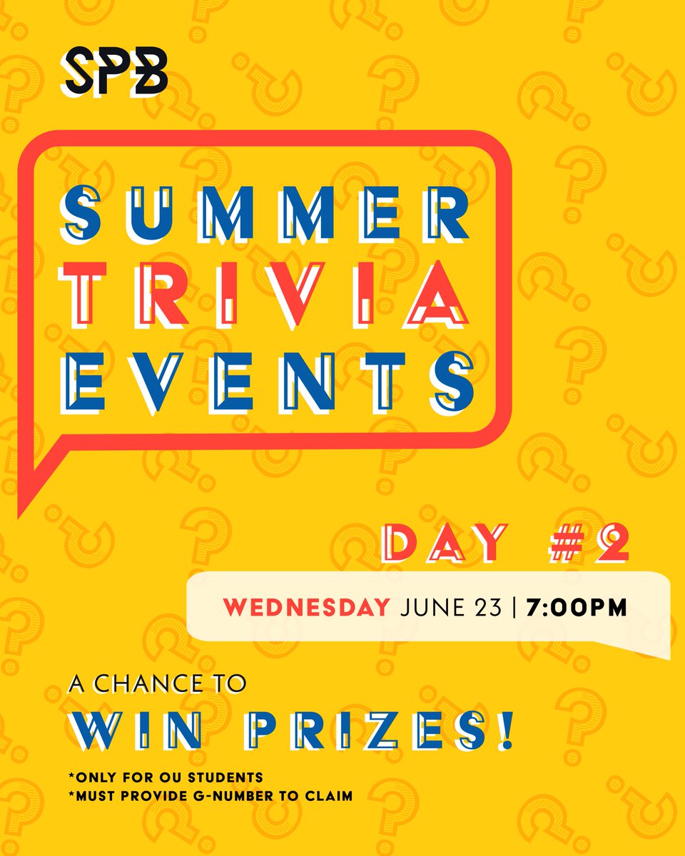 OU STUDENTS! It's Day 2 of the Summer Trivia Events this Wednesday at 7:00 PM! Show off your pop culture knowledge with your friends and win some amazing prizes. 
Click this link to register and save your spot: forms.gle/WveWv2tTreZ9Pc…
