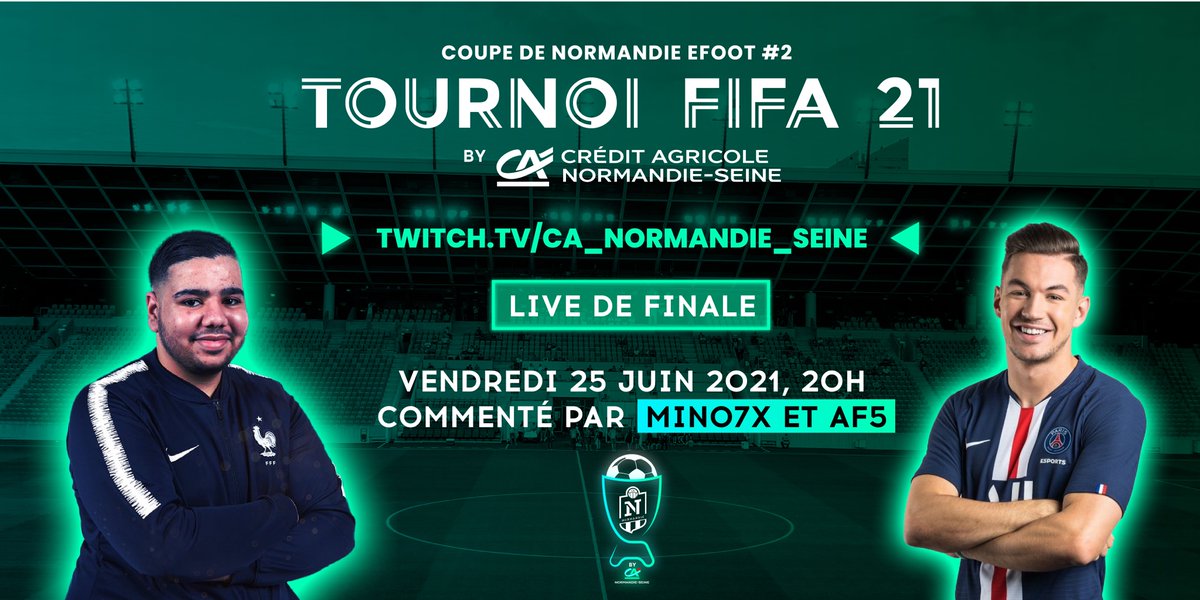 Pas de match 📺vendredi ? 

Viens suivre la phase finale de la Coupe de Normandie Efoot by Crédit Agricole Normandie-Seine ! 🏆

Les matchs seront commentés par <a href="/ArseneF5/">AF5</a> et <a href="/Mino7x/">Mino</a> pour votre plus grand plaisir ! 🔥

Retrouve nous vendredi à 20h sur : twitch.tv/ca_normandie_s… ⚽