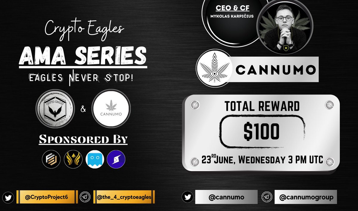 We are pleased to announce our next AMA on 23th June 2021 at 3:00 PM UTC
 
<a href="/CryptoProject6/">Crypto Eagles</a> 
 x 
<a href="/cannumo/">Cannumo</a> 

For AMA details:
t.me/the_4_cryptoea…

Total Reward pool: 100$
Requirements:
Follow :-
<a href="/cannumo/">Cannumo</a> 
 &amp; 
<a href="/CryptoProject6/">Crypto Eagles</a>

Like, RT, Tag your 3 Friends