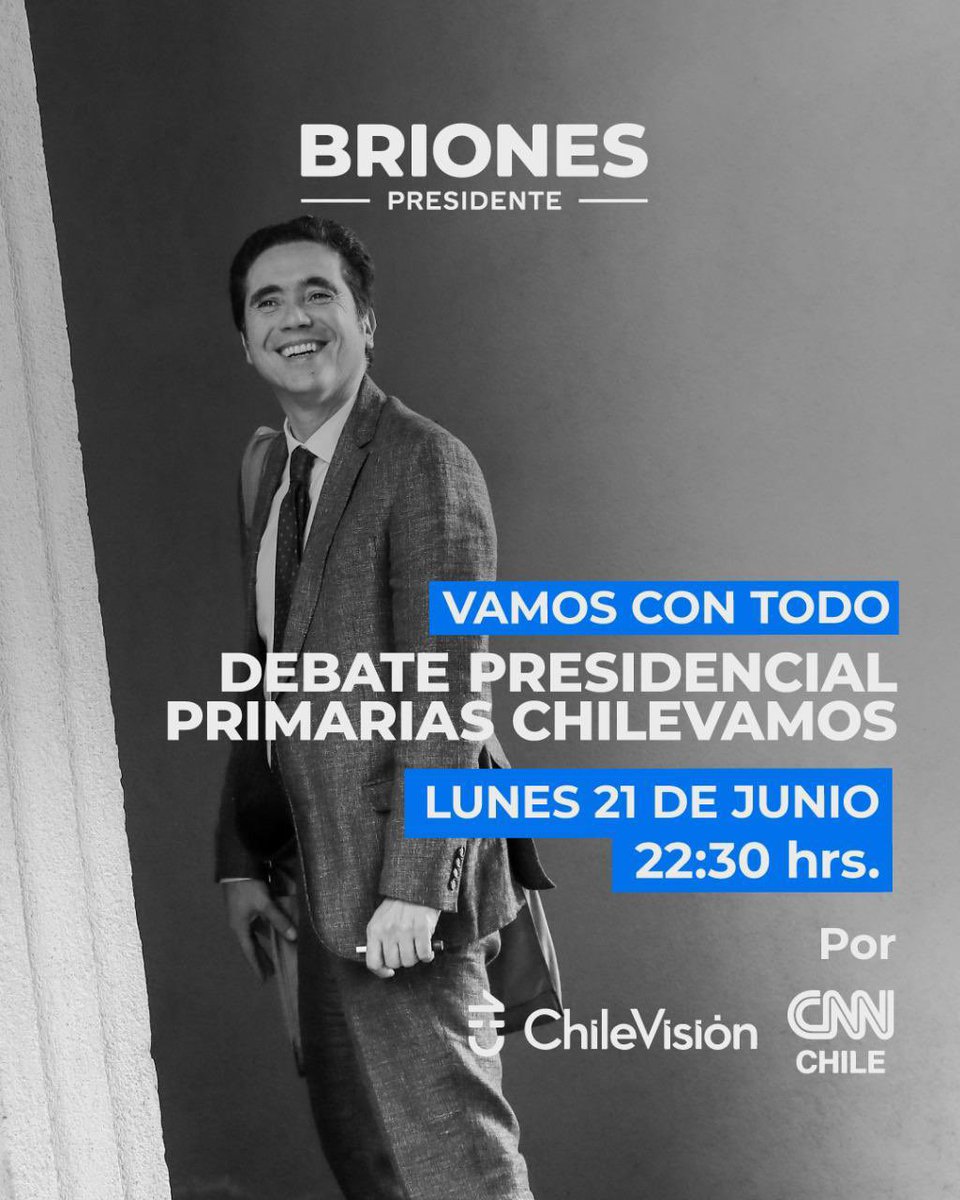 evopoli's tweet photo. 📢Esta noche acompañemos a nuestro candidato @ignaciobriones_ 🙌 en el primer debate presidencial de las primarias de Chile Vamos.

 ⏰A las 22:30h por las pantallas de CNN y CHV 

#BrionesPresidente https://t.co/9vDtAiXHkC