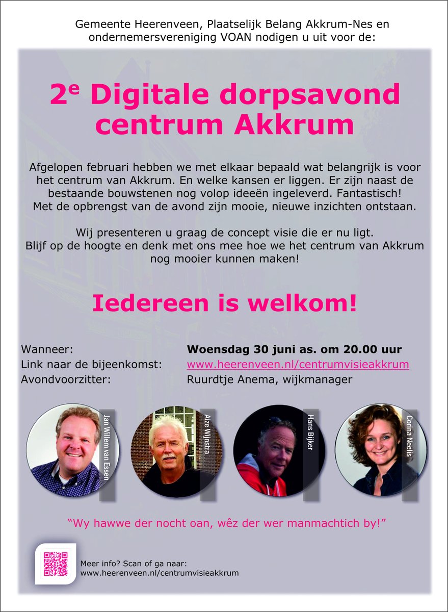 Uitnodiging: 2e digitale informatieavond Centrumvisie 
#Akkrum op woensdag 30 juni over de voortgang van de centrumvisie van Akkrum. U kunt de digitale bijeenkomst bijwonen via deze link: heerenveen.nl/centrumvisieak… vanaf 20.00 uur.