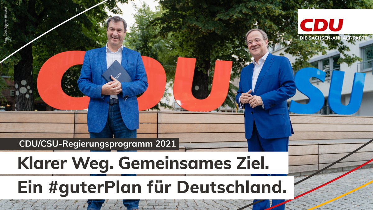 💪Auf geht's: Heute haben <a href="/CDU/">CDU Deutschlands</a> und <a href="/CSU/">CSU</a> ihr gemeinsames Regierungsprogramm zur Bundestagswahl 2021 vorgestellt. Ein starkes, zukunftsweisendes Konzept für Stabilität und Erneuerung. Ein #guterPlan.
👉Das Programm zum Nachlesen gibt's hier: ein-guter-plan-fuer-deutschland.de #CDUWahlprogramm