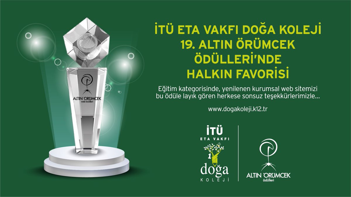 19. Altın Örümcek Ödülleri'nde eğitim kategorisinde halkın favorisi İTÜ ETA Vakfı Doğa Koleji seçildi.👏
Yenilenen kurumsal web sitemizi bu ödüle layık gören ve emeği geçen herkese sonsuz teşekkürler...