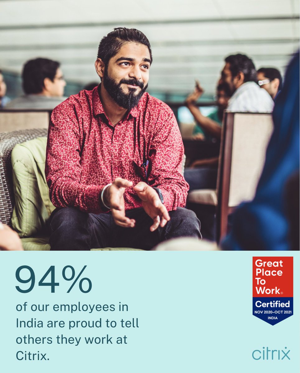 CitrixCareers's tweet photo. Citrix has been ranked one of India’s 100 Best Companies to Work For in 2021! 
🇮🇳Careers available: https://t.co/d4qFrcXmHE

#CitrixLife #100BestCompanies #BestWorkplaces #GPTW4ALL https://t.co/vvfQzSXoKK