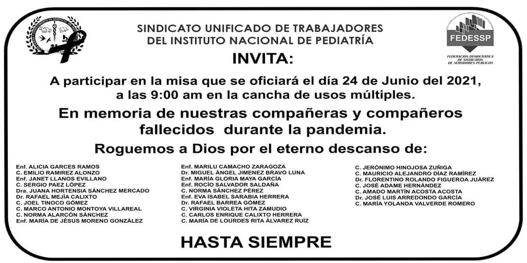 Compañeros, se les invita a honrar a nuestros compañeros acaecidos durante la pandemia.
#Participa
#ComiteEjecutivo
#suntinpedsiemprecontigo
@FEDESSP