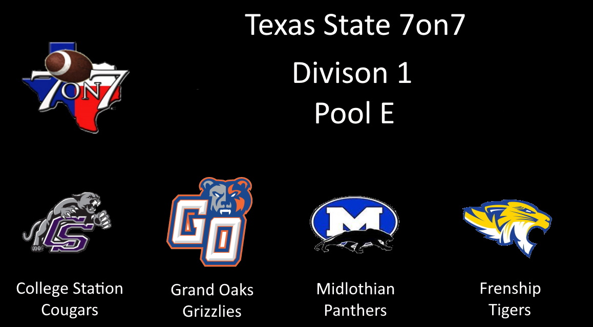 Texas State 7on7
Division I - Pool E
#txhsfb

<a href="/TheCougarWay/">CollegeStationCougs</a>
<a href="/GOaksFootball/">Grand Oaks Football</a>
<a href="/MidloPanthers/">MHS Panther Football</a>
@SemperIMpetus
<a href="/CoachHuff3/">Steve Huff</a>
<a href="/coachwendel1/">Doug Wendel</a>
<a href="/jnorth0513/">Jay Northcutt</a>
