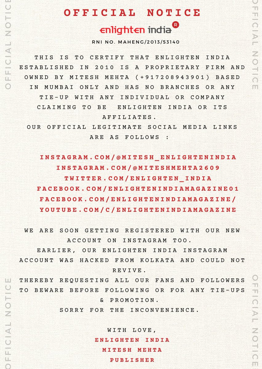 OFFICIAL NOTICE issued by Mr.Mitesh Mehta - Publisher of Enlighten India Magazine.
#notice #magazine #enlightenindia