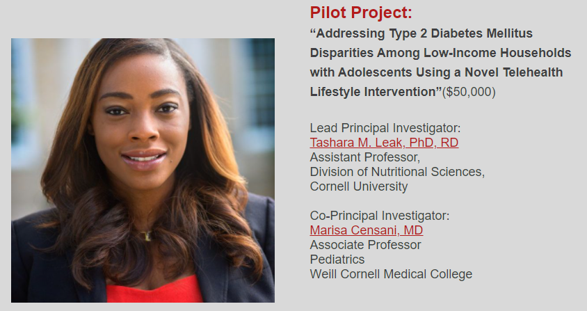 CornellCHEQ's tweet photo. We are elated to announce that four projects have been selected for funding. Please join us in congratulating the 2021 CCHEq Collaborative Pilot Projects recipients. (1/4)

Congrats to PIs, @tasharaleak from @CornellNutri and Dr. Marisa Censani from @WCMpeds! https://t.co/Ee2Gtupjf8