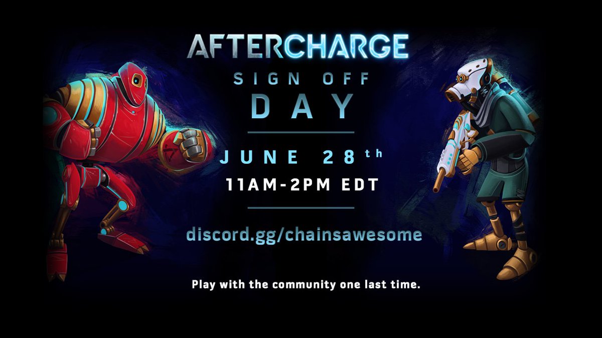 To celebrate <a href="/aftercharge/">Aftercharge</a>'s life and all the fun we had with it, we are setting up one last community play session, a long one.

Next Monday on our Chainsaw Discord.

discord.gg/chainsawesome

Come for the stealthy sci-fi action, stay for the emotions.