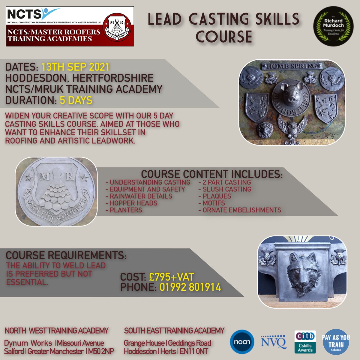 ALM_ALMHM's tweet photo. Want to boost your skills with  #LEADCASTING skills?
#NCTS &amp; #MasterRoofers have you covered!Check out the full prospectus at: ➡️https://t.co/HAs5IxzOcn

#slating #tiling #leadwork #welding #bossing #roofingskills #construction #roofing  #castingskills https://t.co/tp8Wify6TR
