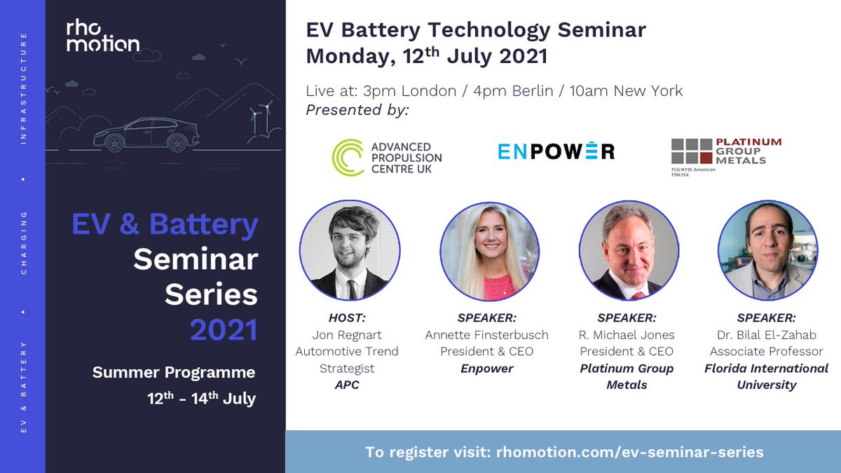 rhomotion's tweet photo. Monday 12th July 3pm (UK time) – Don’t miss out on our EV Battery Technology session. Click here to register: https://t.co/FyJ3xCOgKs
We will be joined by guests from @theapcuk, @Enpowerinc, @PTM_Ltd, and @floridastate.
#EVseminars #EVbattery #EVbatterytechnology #rhomotion https://t.co/zr2NDHQtOs