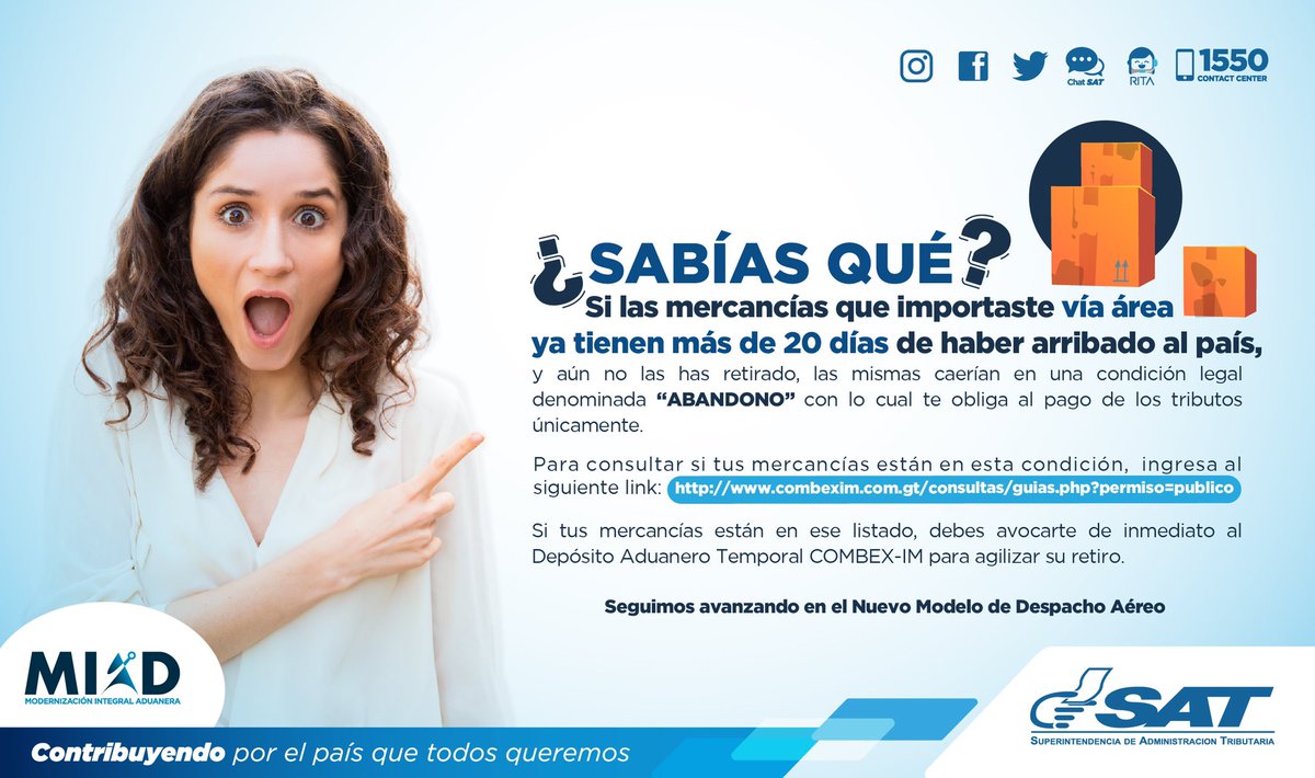 Si las mercancías que importaste vía aérea ya tienen más de 20 días de haber arribado al país, debes dirigirte al DAT COMBEX-IM para agilizar su retiro.  📦✈️

#SomosDAT