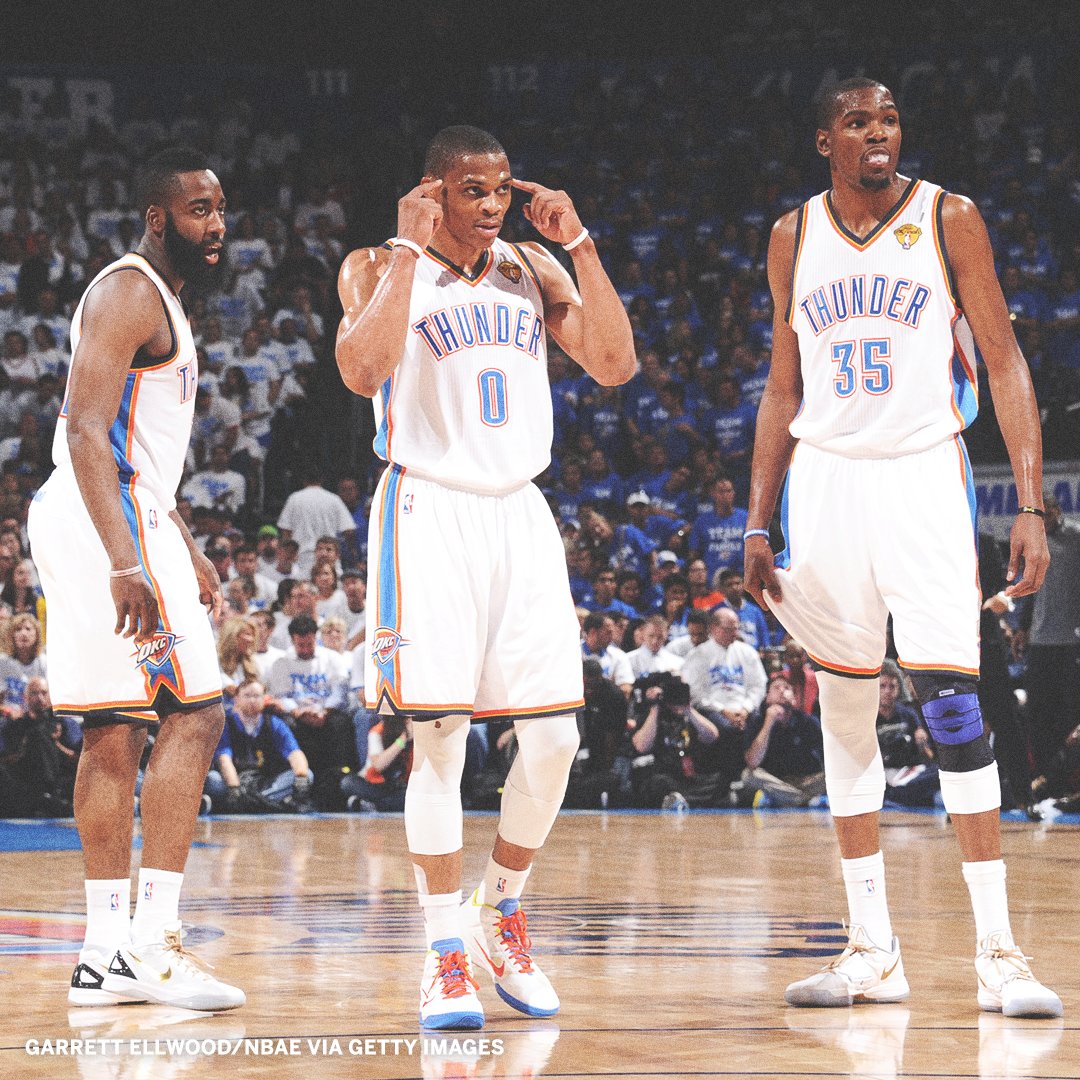 espn's tweet image. Nine years ago, they played their last game together as a trio with the Thunder.

KD: 23
Russ: 23
Harden: 22

Imagine this trio today 🤯