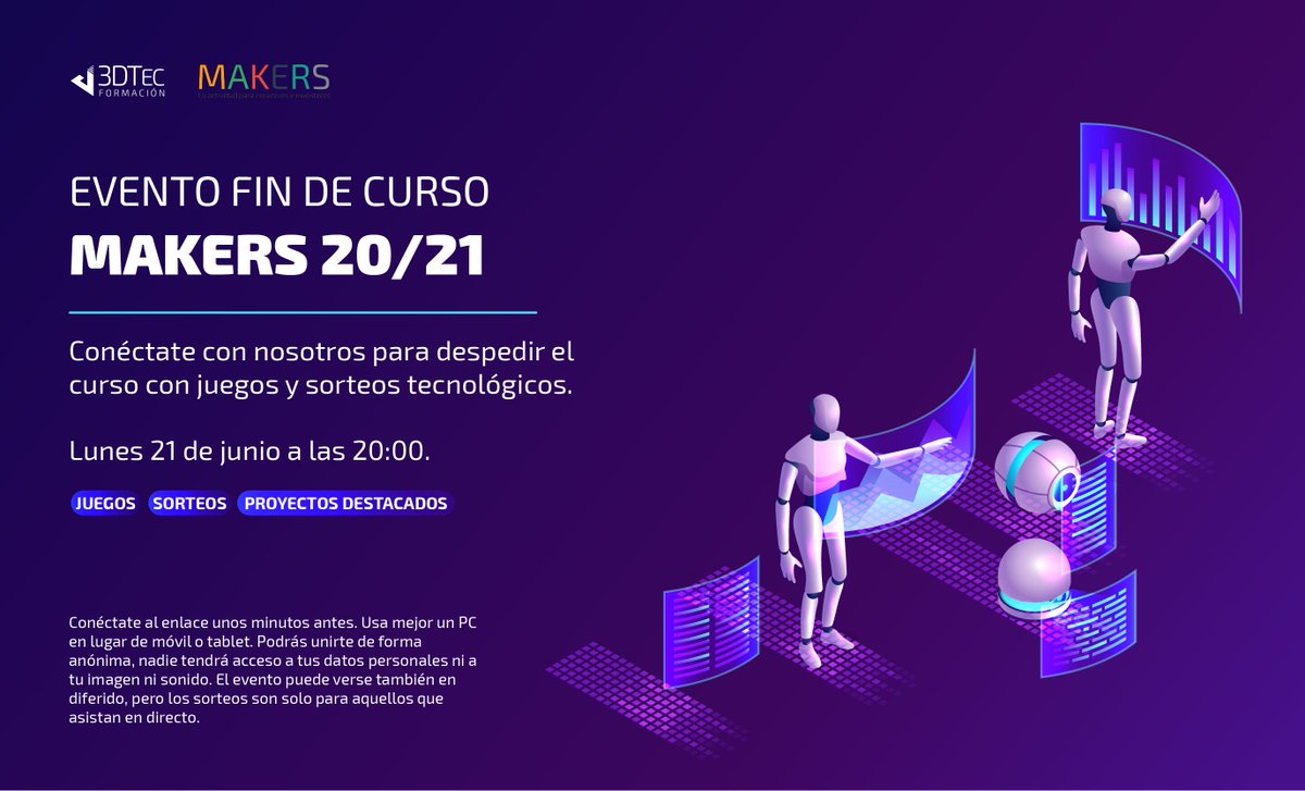 codemaker3d's tweet photo. 🥳Hoy es el día en el que nos unimos todos los Makers en un súper evento online donde jugaremos, haremos sorteos y despediremos el curso. Si has estado apuntado a nuestra extraescolar este año, escríbenos y te diremos cómo acceder. ¡No te lo pierdas! 🤖 https://t.co/k3JejuXe1m