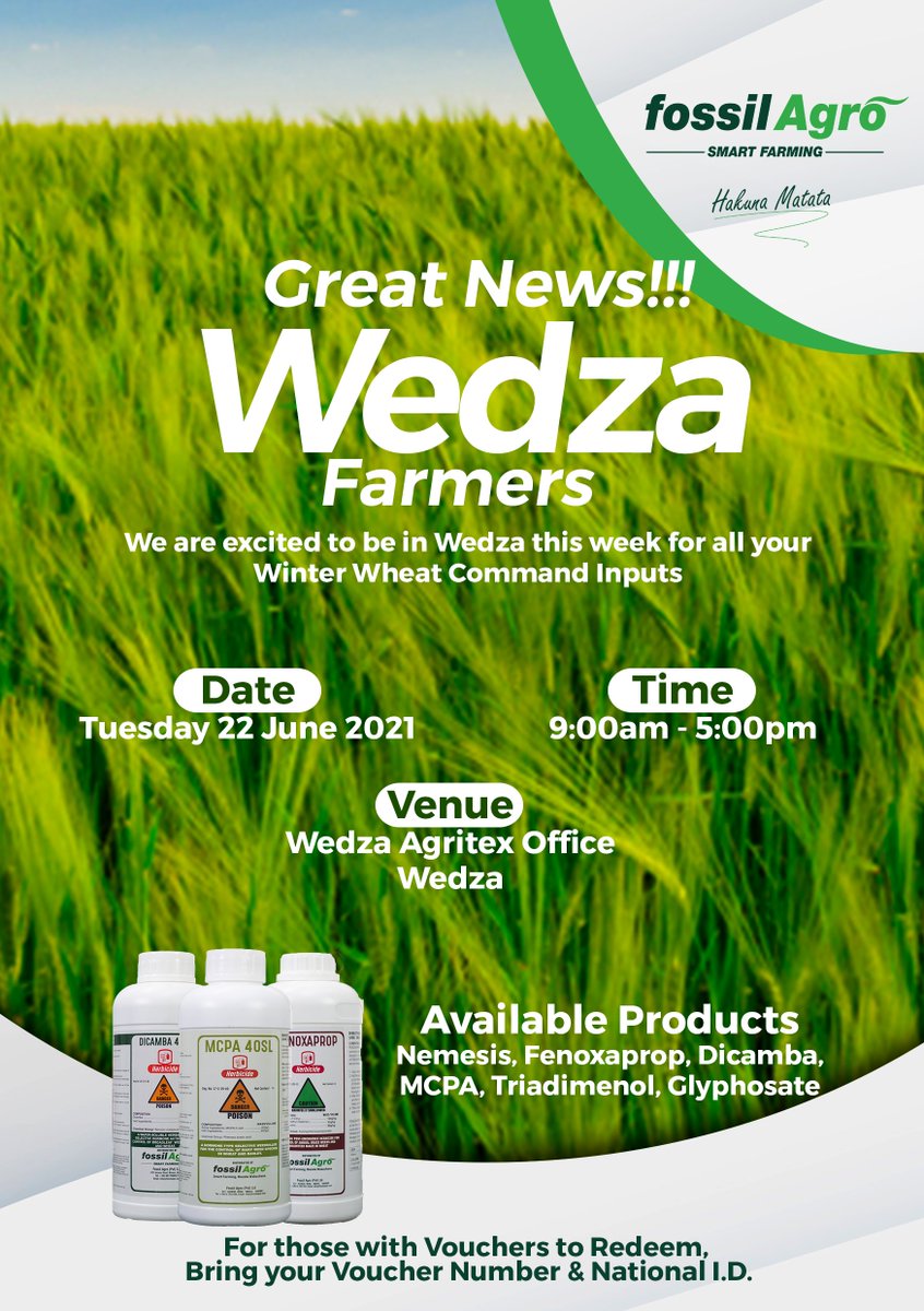 Good News for all Farmers in the Midlands &amp; Wedza!!!

We are visiting you in the Midlands &amp; Wedza tomorrow for all your Winter Wheat Farming needs!

Remember for those with Vouchers to Redeem, Bring your Voucher Number &amp; National I.D.

#FossilAgro #SmartFarming #WinterWheatInputs