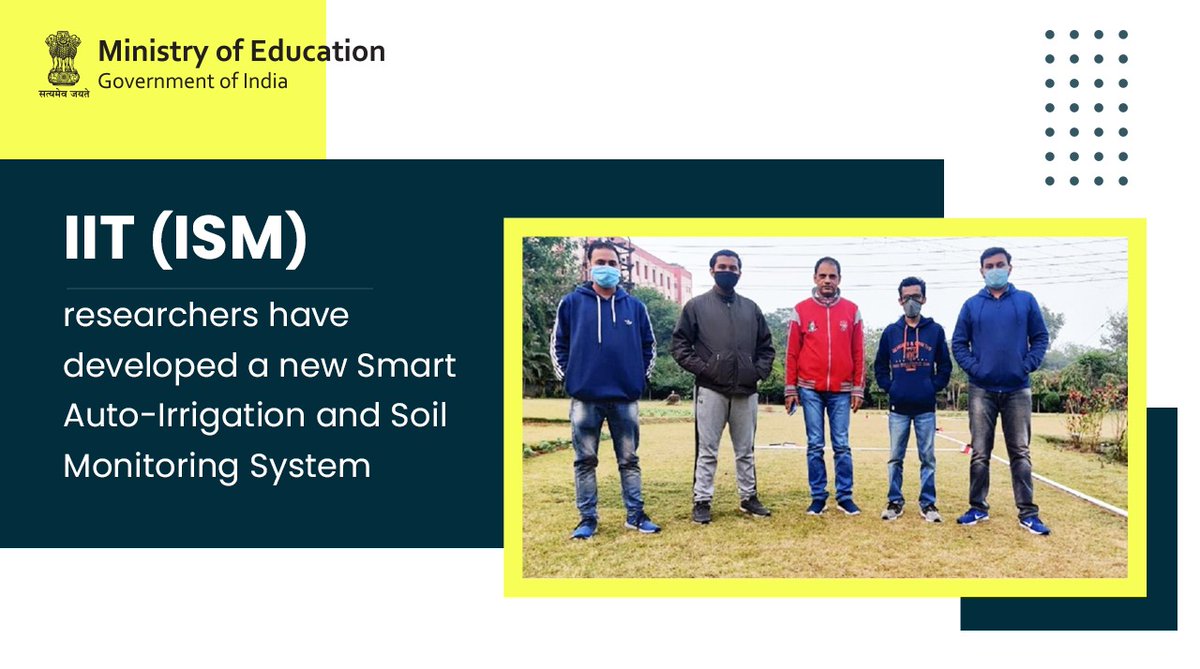 EduMinOfIndia's tweet photo. A team of professors and students from IIT-ISM have developed a new Smart Auto-Irrigation and Soil Monitoring System. The system is focused on motivating and engaging underprivileged families of farmers affected by #COVID19 to take up agriculture.
https://t.co/Fm9UwFrDcv https://t.co/hdobFk7cvA