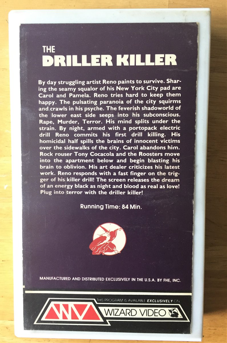 simplejamsYT's tweet photo. 1982 Wizard Video slipsleeve (cut to fit #clamshell) VHS of The Driller Killer. Purchased from Video Week in NY, 1998.
#HorrorMovies #horror #HorrorCommunity #VHS #vhslives #vhscollection #horrorvhs #rarevhs #videotape #bekindrewind #videocollector #vhscollector #wizardvideo https://t.co/JJNF8kFNTR