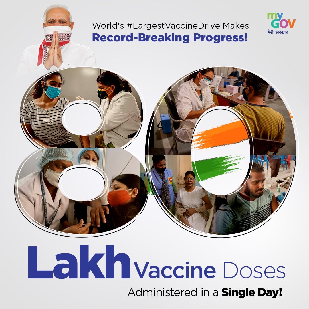 AshwiniVaishnaw's tweet photo. Karmyogi Prime Minister ⁦@narendramodi⁩ ji ... thank you for free vaccines...only under your leadership could India achieve 80 Lakh vaccinations in a single day. https://t.co/i7qqq4j2dR