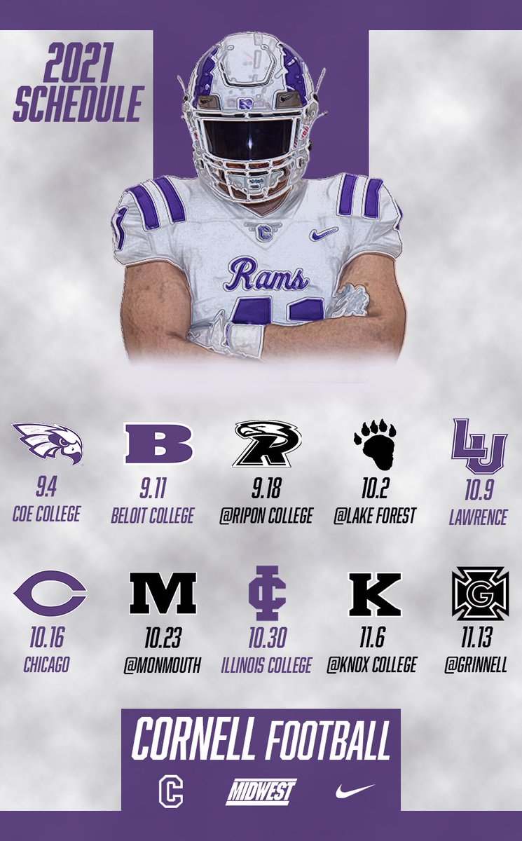 CornellRamsFB's tweet photo. 🚨2021 SCHEDULE🚨

The excitement for the season continues to build‼️

🟣 - HOME
⚫️ - AWAY

#CornellCollegeFootball #RAMILY #E3 #2021Schedule https://t.co/ra5aoksa5O