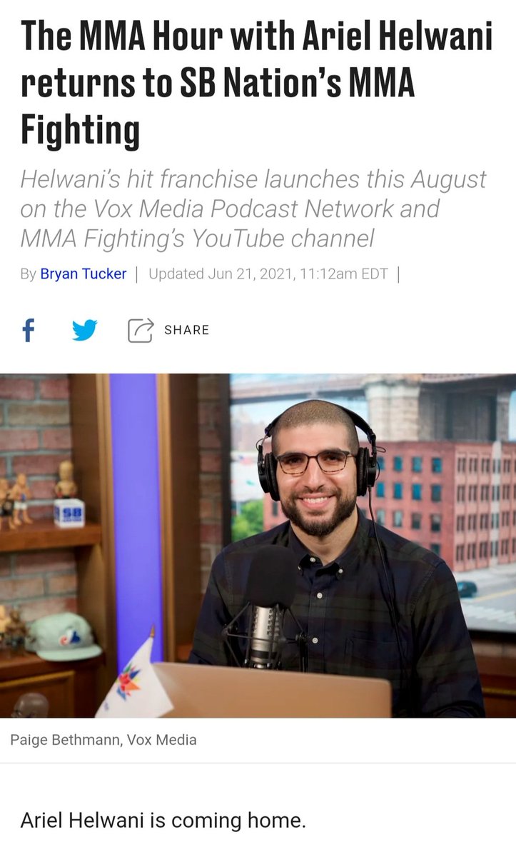 EkStyle82's tweet photo. Ariel helwani is heading back to MMA Fighting, can't wait to see the MMA Hour again, #mmafighting #MMATwitter #ufc #mma https://t.co/glVxkY10TH