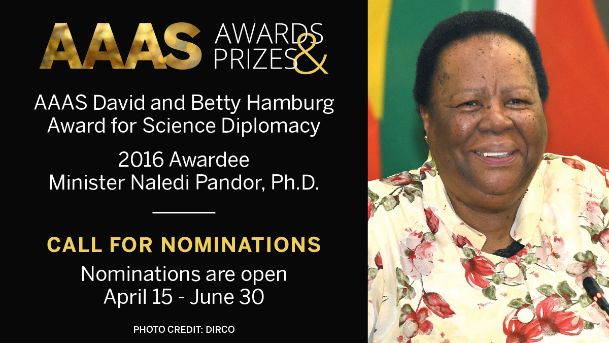 In 2016, Minister Grace Naledi Mandisa Pandor was awarded the AAAS Award for Science Diplomacy for long track record of using science and technology to support development in South Africa 🇿🇦 and sub-Saharan Africa. <a href="/DIRCO_ZA/">DIRCO South Africa</a> 

Submit a nomination today: aaas.org/awards/science…