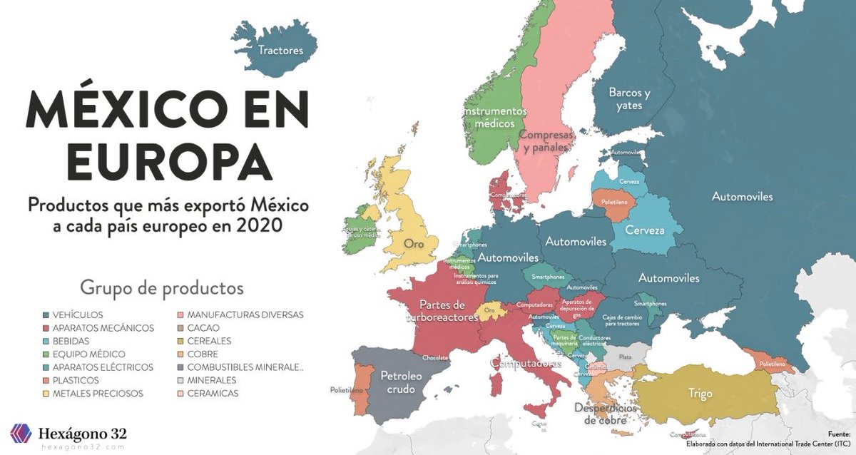 La relación comercial entre México y Europa es una de las más antiguas e importantes de nuestro país. Averigua qué productos exportamos más a cada nación del viejo continente en nuestro mapa.

⬇️🗺⬇️